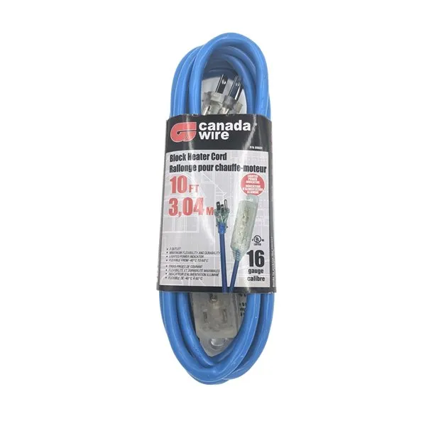 10' Outdoor Block Heater Lighted Extension Cord Blue 16/3