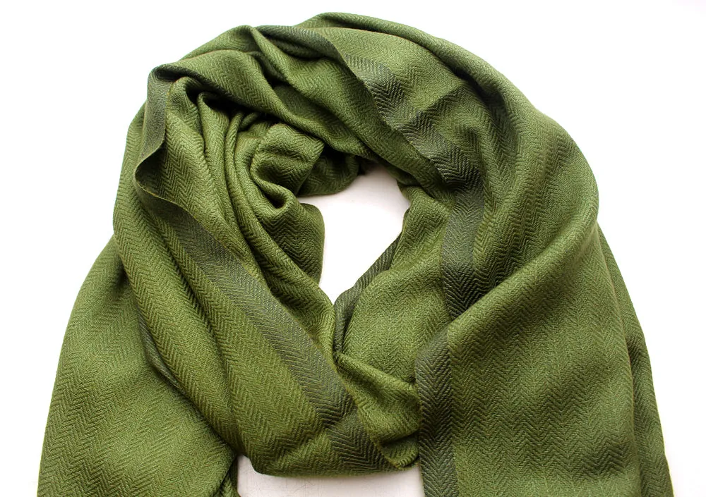 100 % Exclusive Green Cashmere Shawl with Border Herringbone Pattern