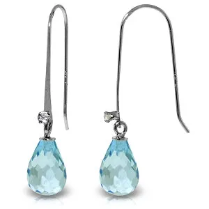 1.38 Carat 14K Solid White Gold Fish Hook Earrings Diamond Blue Topaz