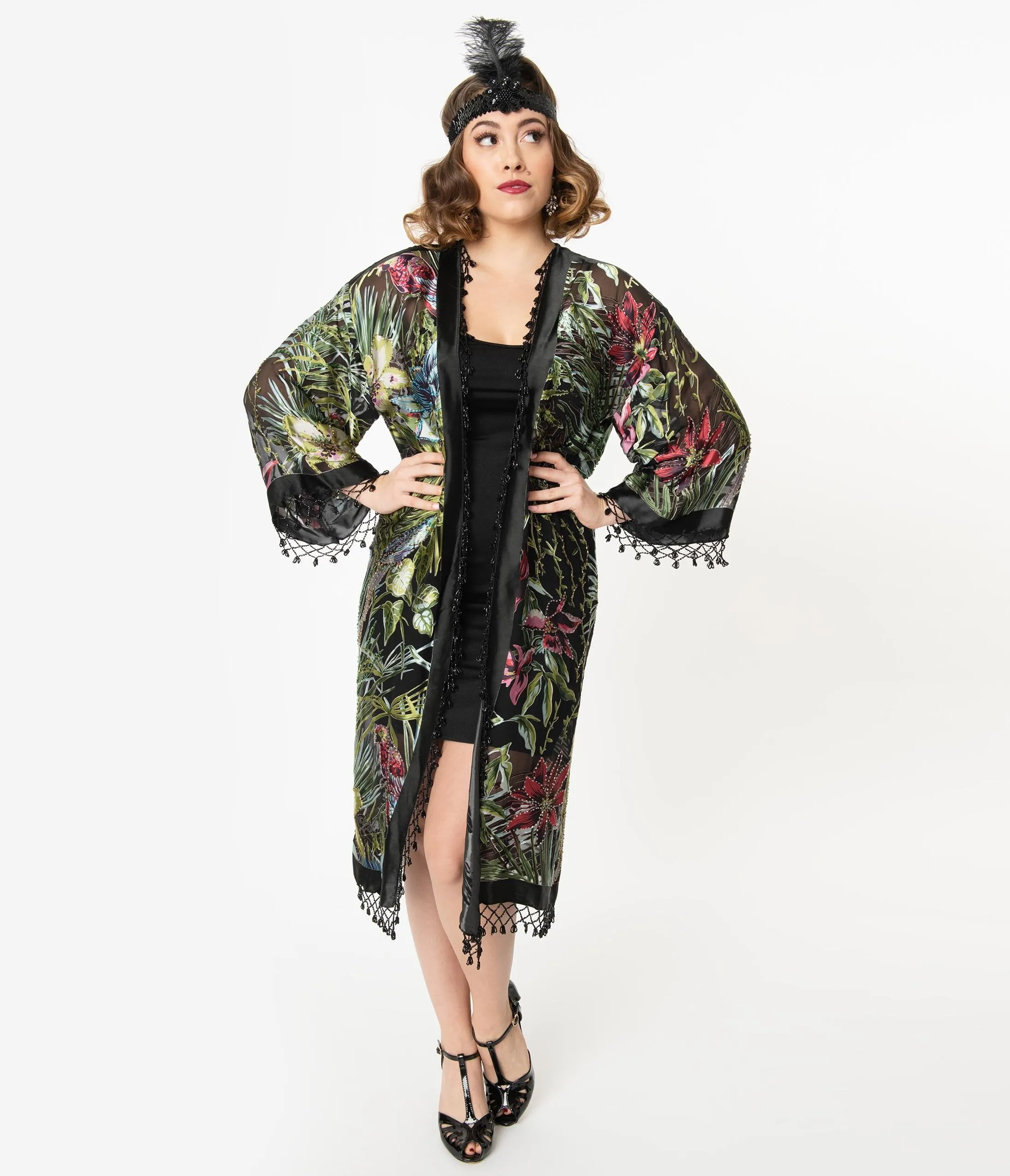 1920s Style Tropical Floral Silk Beaded Kimono