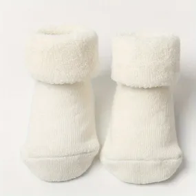 A Pair Of Baby Girl's Solid Thickened Thermal Floor Socks With Good Grip, Comfy Breathable Casual Socks, Winter & Autumn