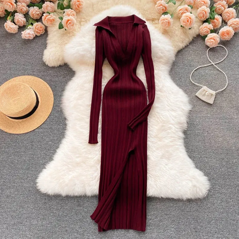 Aiertu  Women Korean Knitted Dress Long Sleeve V Neck Elastic Slim Pencil Dresses Autumn Sexy Bodycon Split Sweater Dress