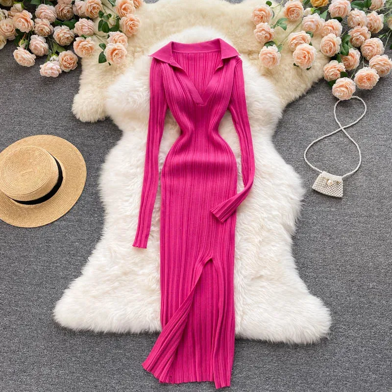 Aiertu  Women Korean Knitted Dress Long Sleeve V Neck Elastic Slim Pencil Dresses Autumn Sexy Bodycon Split Sweater Dress