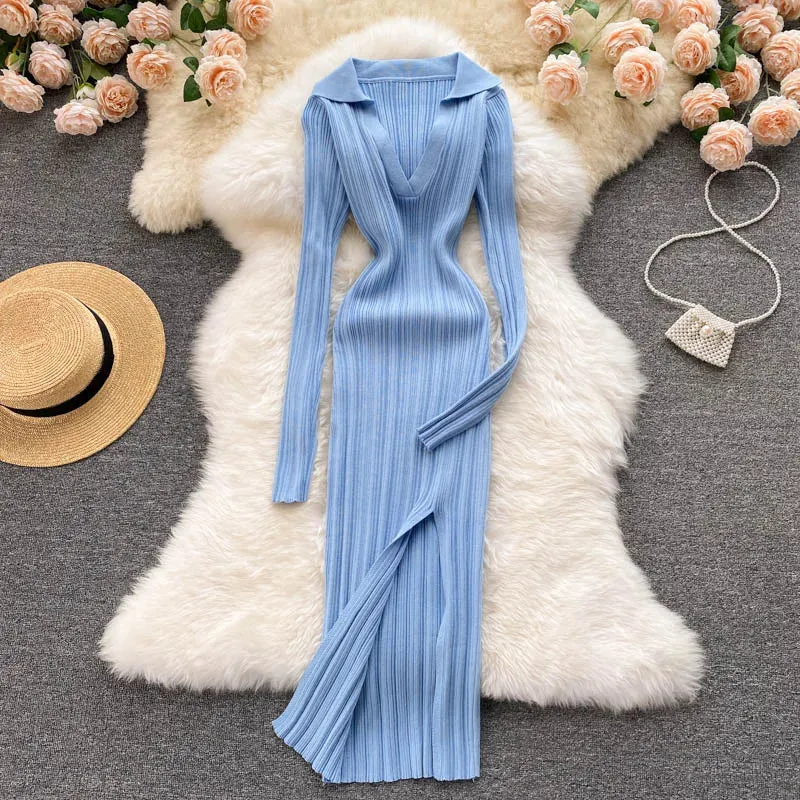 Aiertu  Women Korean Knitted Dress Long Sleeve V Neck Elastic Slim Pencil Dresses Autumn Sexy Bodycon Split Sweater Dress