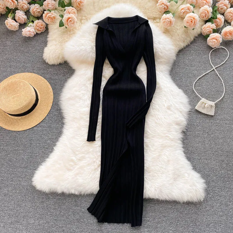 Aiertu  Women Korean Knitted Dress Long Sleeve V Neck Elastic Slim Pencil Dresses Autumn Sexy Bodycon Split Sweater Dress