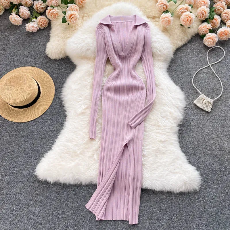 Aiertu  Women Korean Knitted Dress Long Sleeve V Neck Elastic Slim Pencil Dresses Autumn Sexy Bodycon Split Sweater Dress