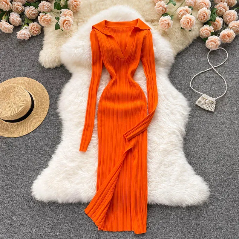 Aiertu  Women Korean Knitted Dress Long Sleeve V Neck Elastic Slim Pencil Dresses Autumn Sexy Bodycon Split Sweater Dress