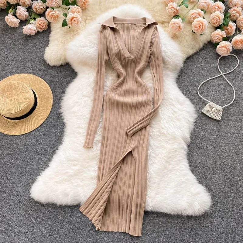 Aiertu  Women Korean Knitted Dress Long Sleeve V Neck Elastic Slim Pencil Dresses Autumn Sexy Bodycon Split Sweater Dress