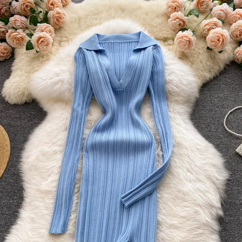 Aiertu  Women Korean Knitted Dress Long Sleeve V Neck Elastic Slim Pencil Dresses Autumn Sexy Bodycon Split Sweater Dress