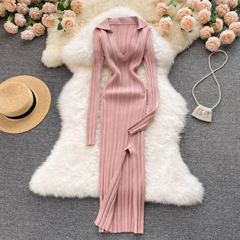 Aiertu  Women Korean Knitted Dress Long Sleeve V Neck Elastic Slim Pencil Dresses Autumn Sexy Bodycon Split Sweater Dress