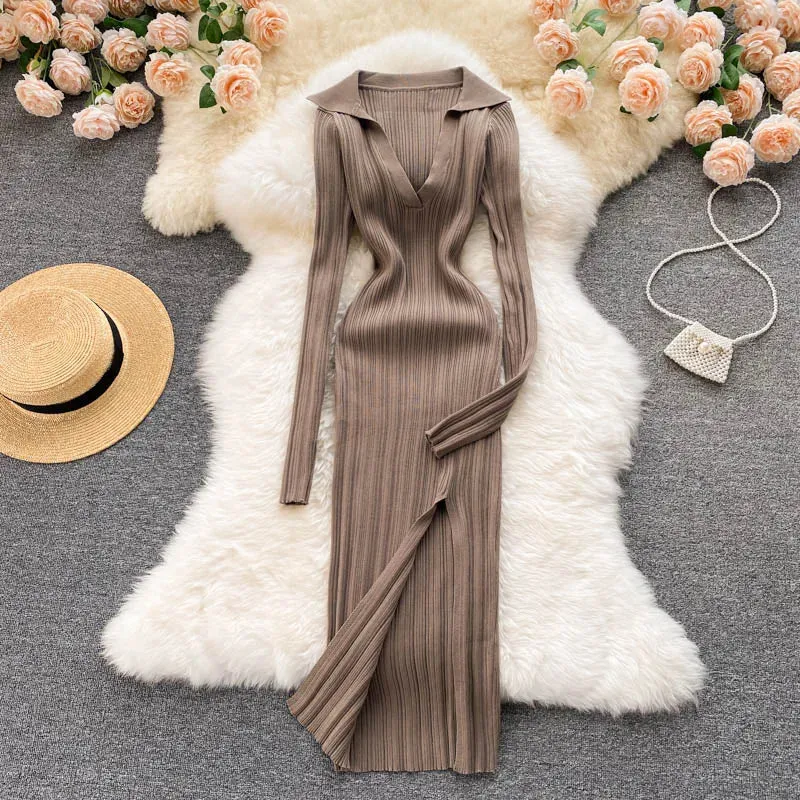 Aiertu  Women Korean Knitted Dress Long Sleeve V Neck Elastic Slim Pencil Dresses Autumn Sexy Bodycon Split Sweater Dress