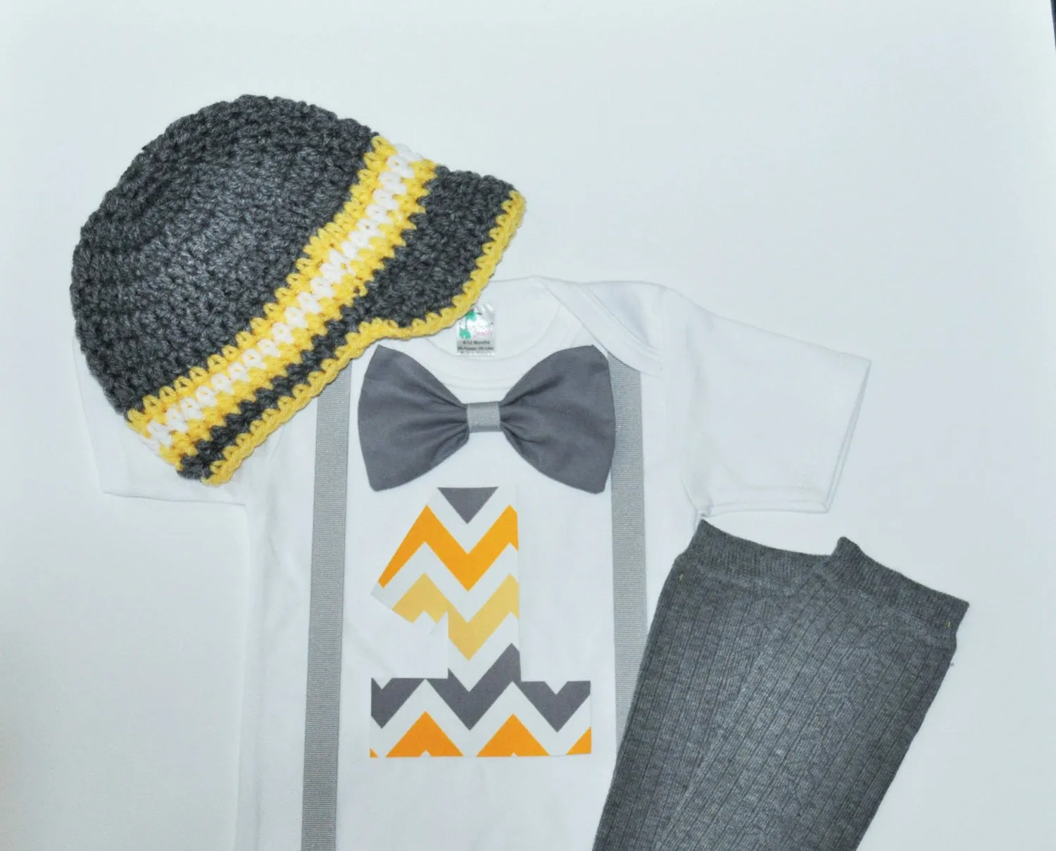 Baby Boy/Toddler chevron cake smash outfit, gray and yellow newspaper boy hat, yellow and gray birthday shirt, smash cake outfit, legwarmers