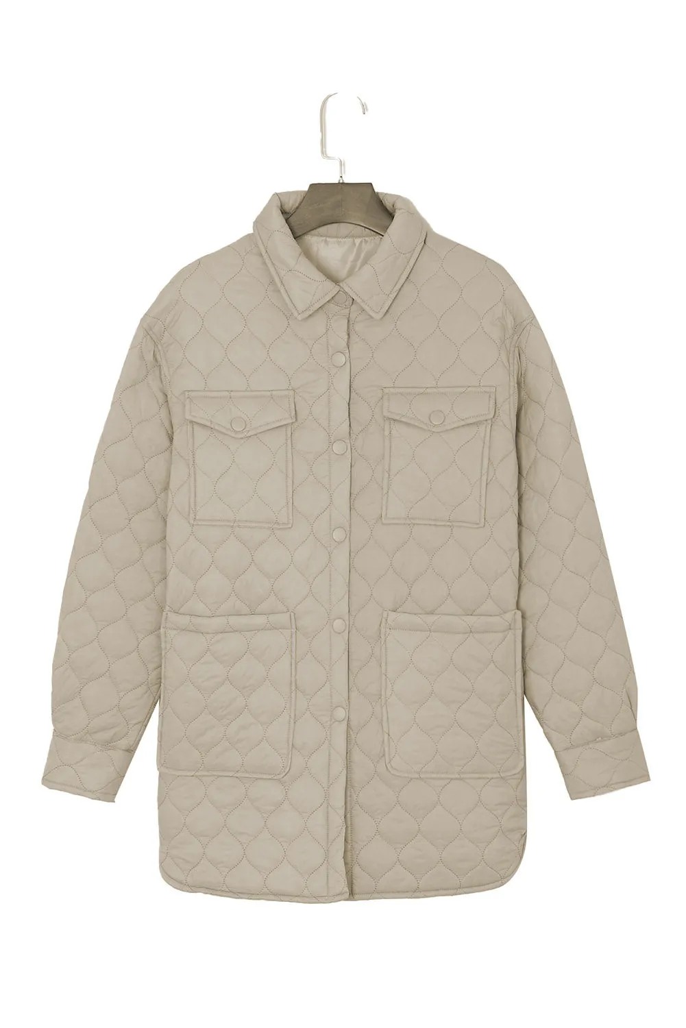 Beige 4 Big Pockets Quilted Button Down Puffer Coat