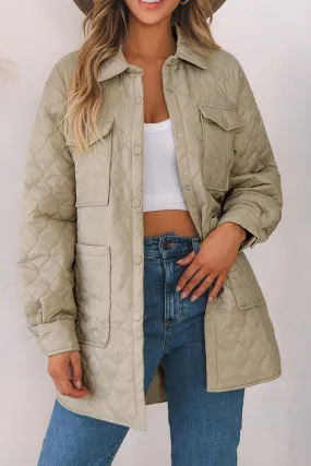 Beige 4 Big Pockets Quilted Button Down Puffer Coat