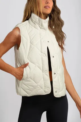 Beige Quilted High Neck Button Up Pocket Vest Coat