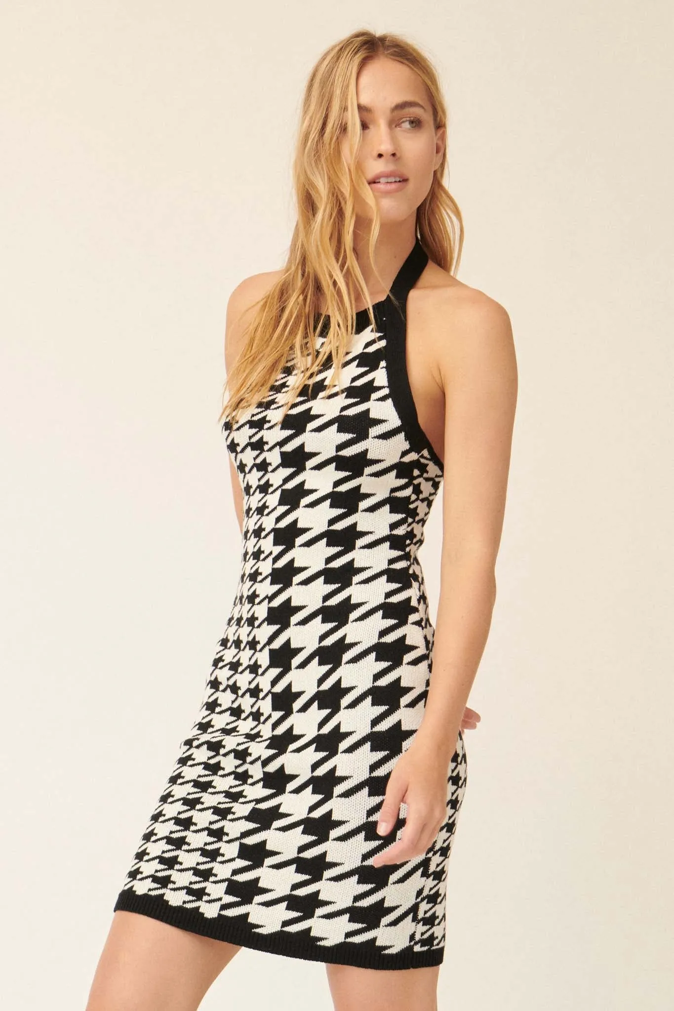 Bite Club Houndstooth Halter Mini Sweater Dress