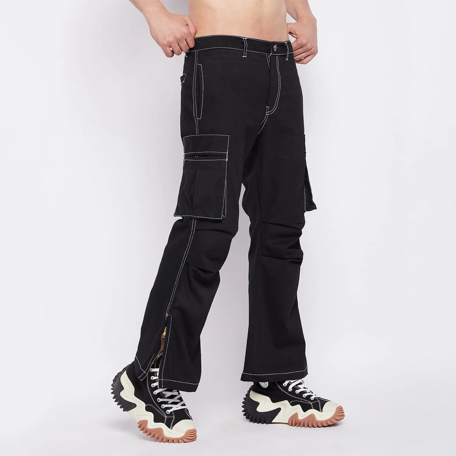 Black Contrast Stitch Flared Cargo Pants