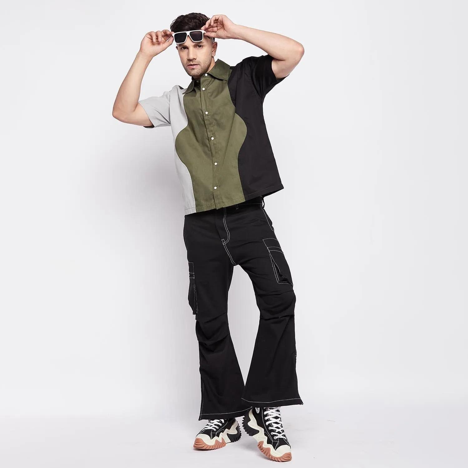 Black Contrast Stitch Flared Cargo Pants