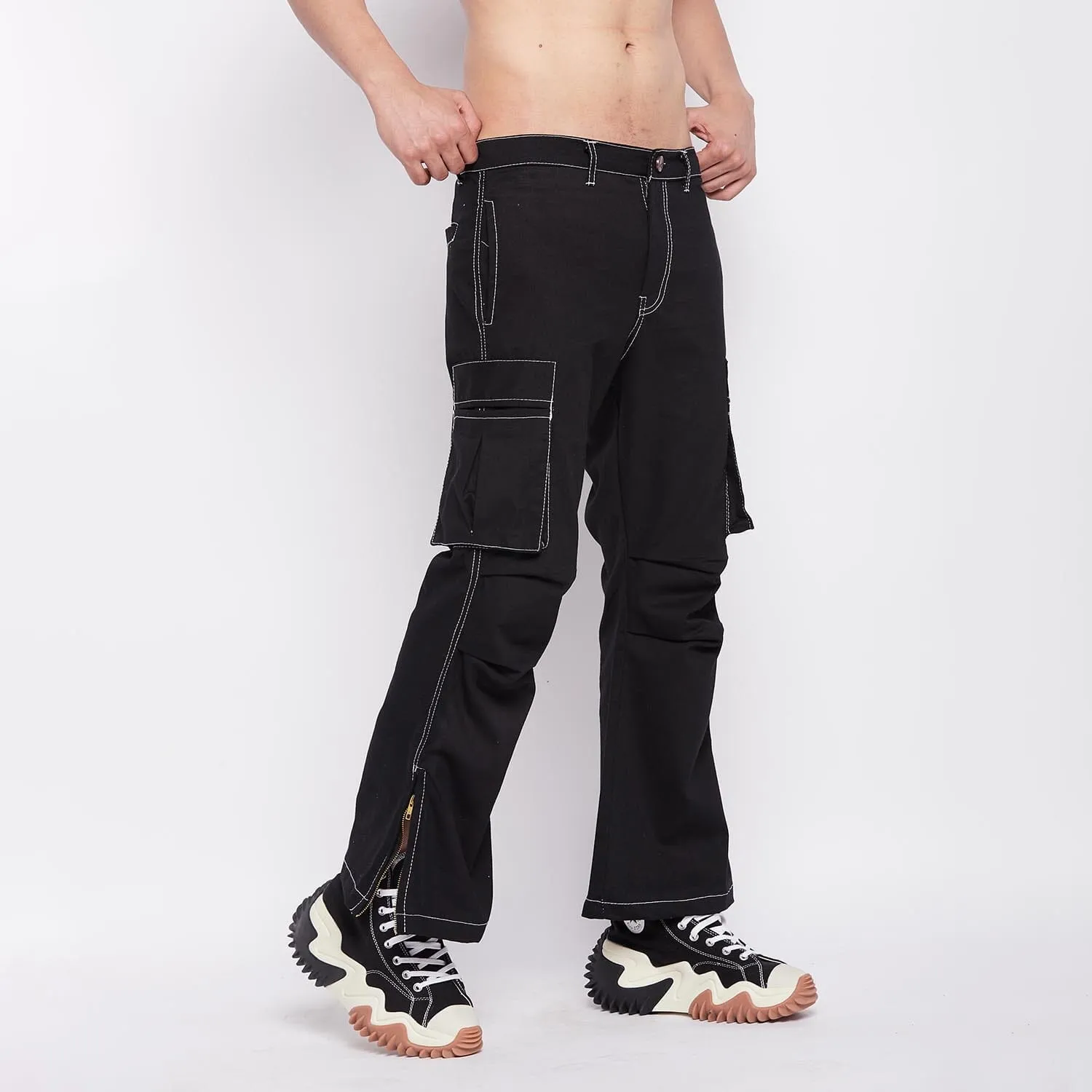 Black Contrast Stitch Flared Cargo Pants