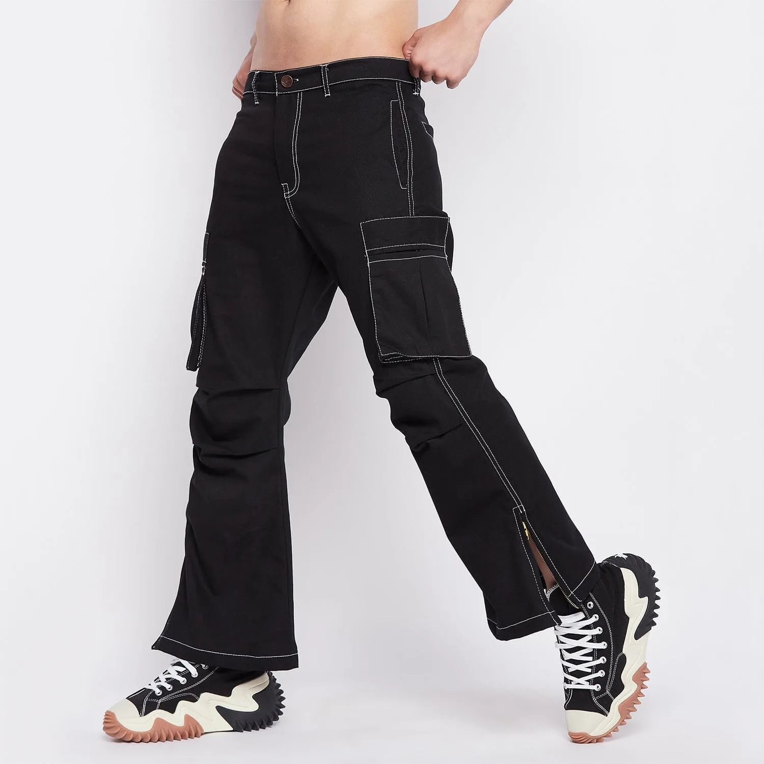 Black Contrast Stitch Flared Cargo Pants