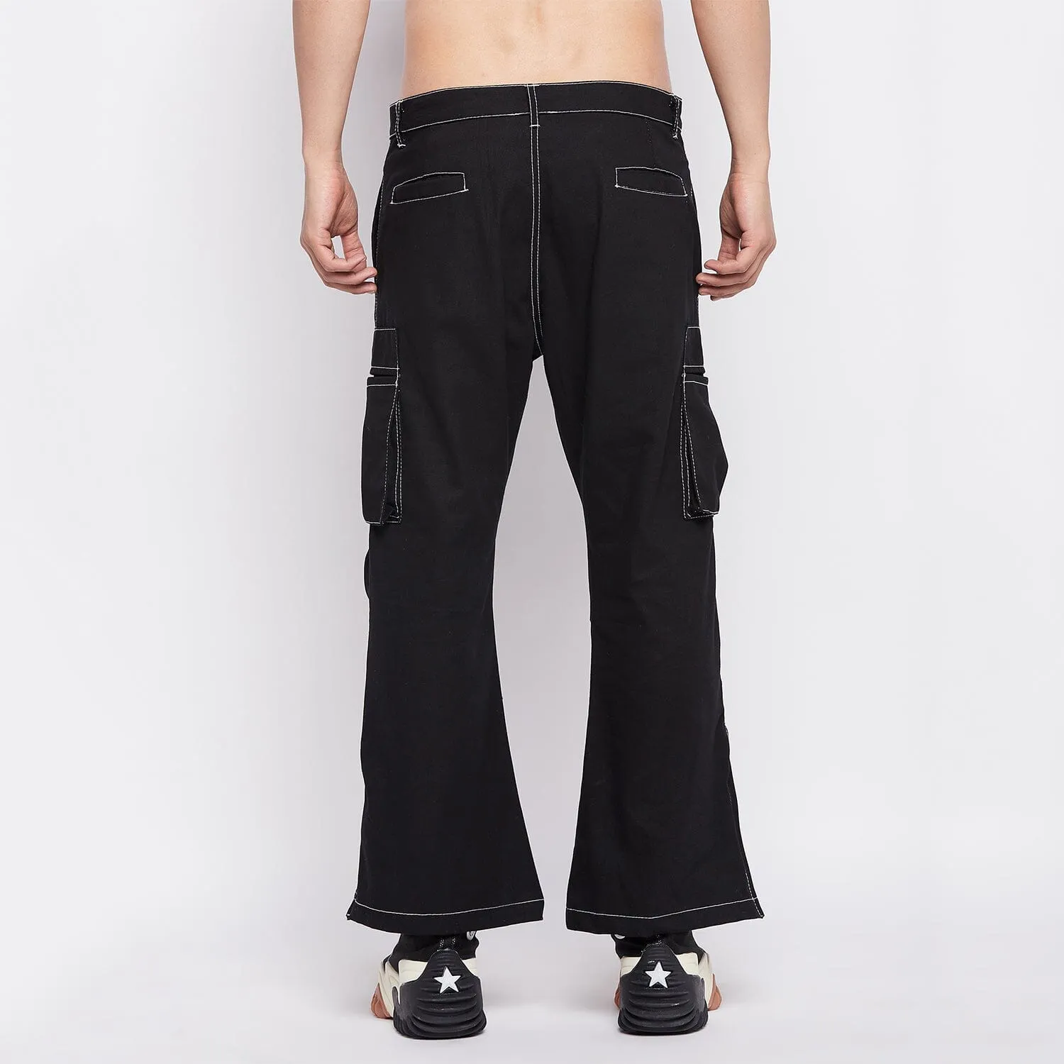 Black Contrast Stitch Flared Cargo Pants