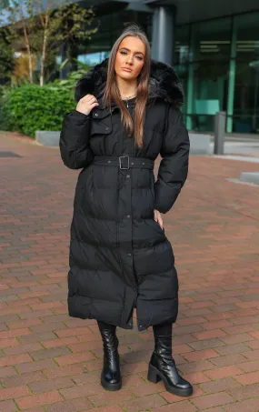 Black Long Puffer Duvet Coat With Belt and Fur Hood