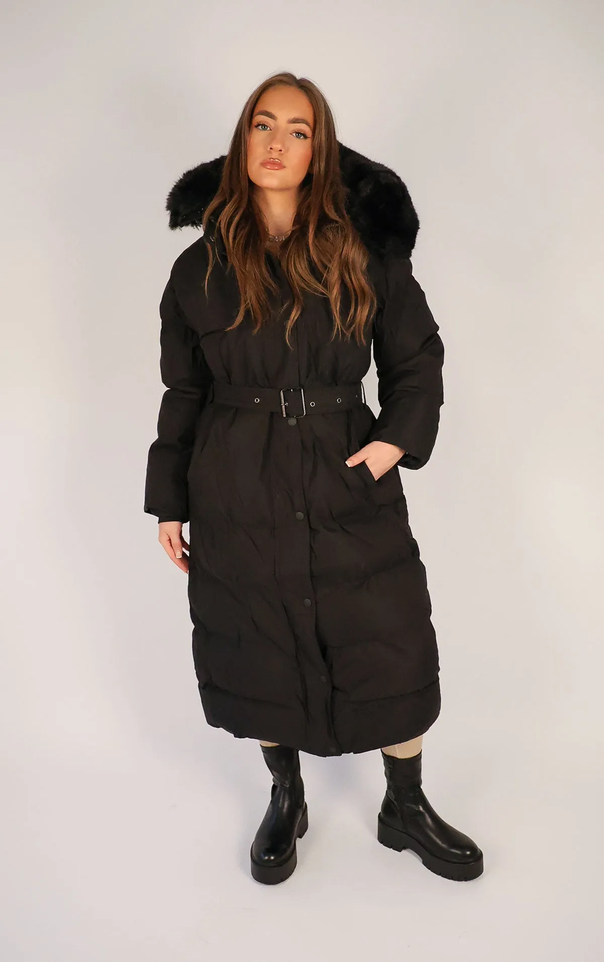 Black Long Puffer Duvet Coat With Belt and Fur Hood