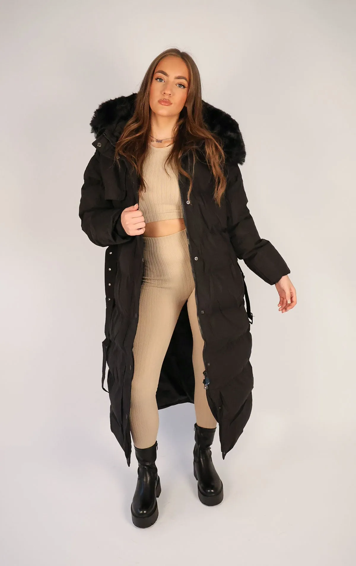 Black Long Puffer Duvet Coat With Belt and Fur Hood