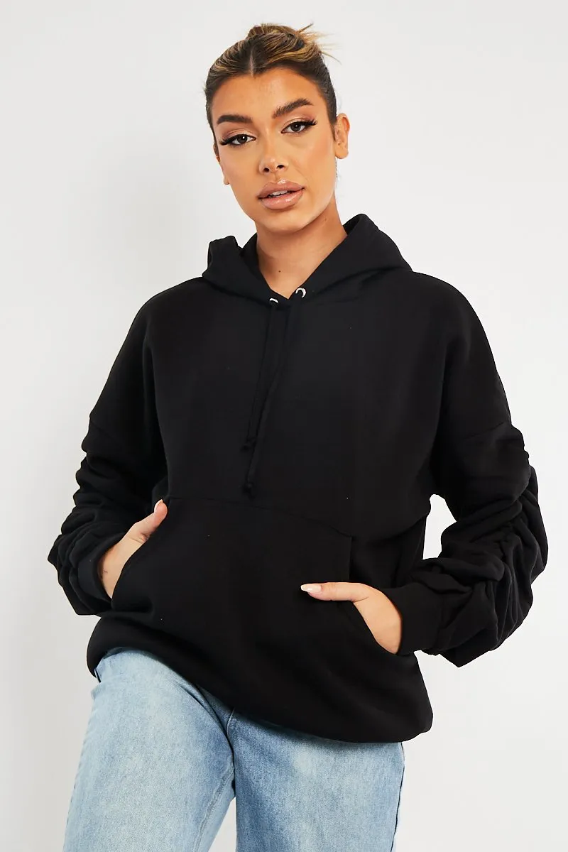 Black Ruched Sleeve Oversized Hoodie - Dezi