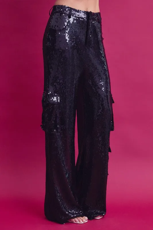 Black Sequin Cargo Pants With Pockets