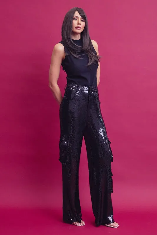 Black Sequin Cargo Pants With Pockets