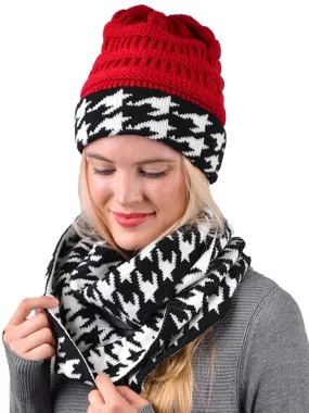 Black White & Red Womens Houndstooth Hat & Scarf Matching Knit Set