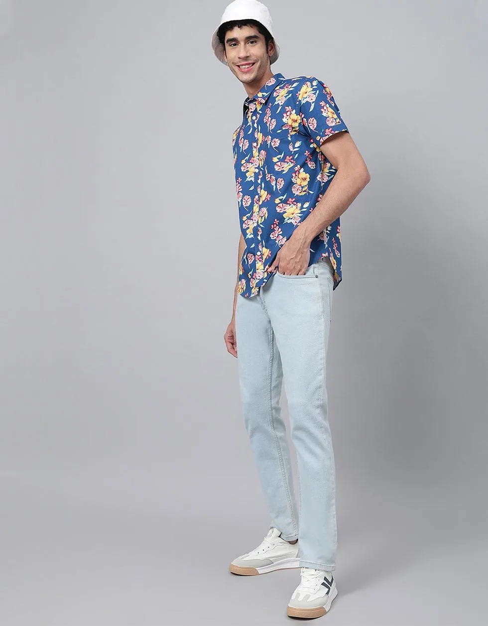 Blue Floral Printed Casual Shirt