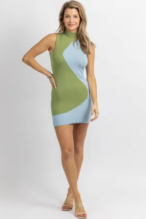 BLUE   GREEN TWO TONE MOCKNECK MINI DRESS