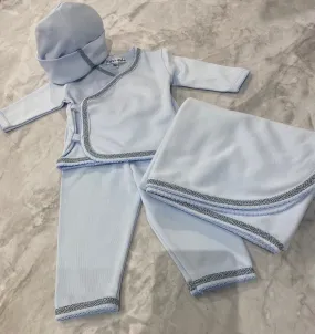 Blue Three Piece Set with Multi Blue & Grey Trim