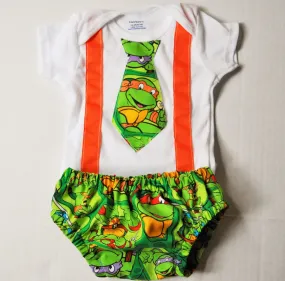 boy Teenage Mutant Ninja Turtles diaper cover or shorts and shirt tie with matching suspender, cake smash