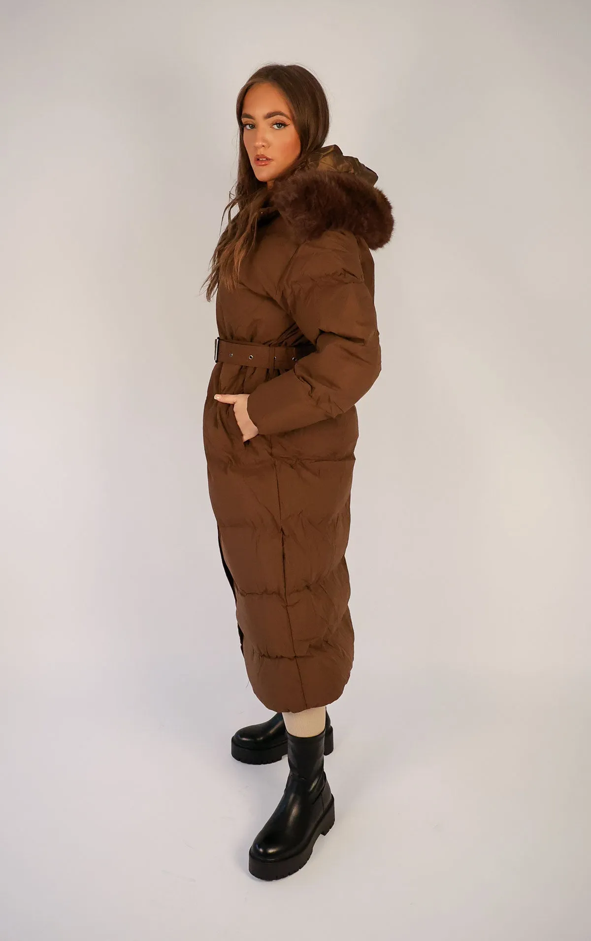 Brown Long Puffer Duvet Coat With Belt and Fur Hood