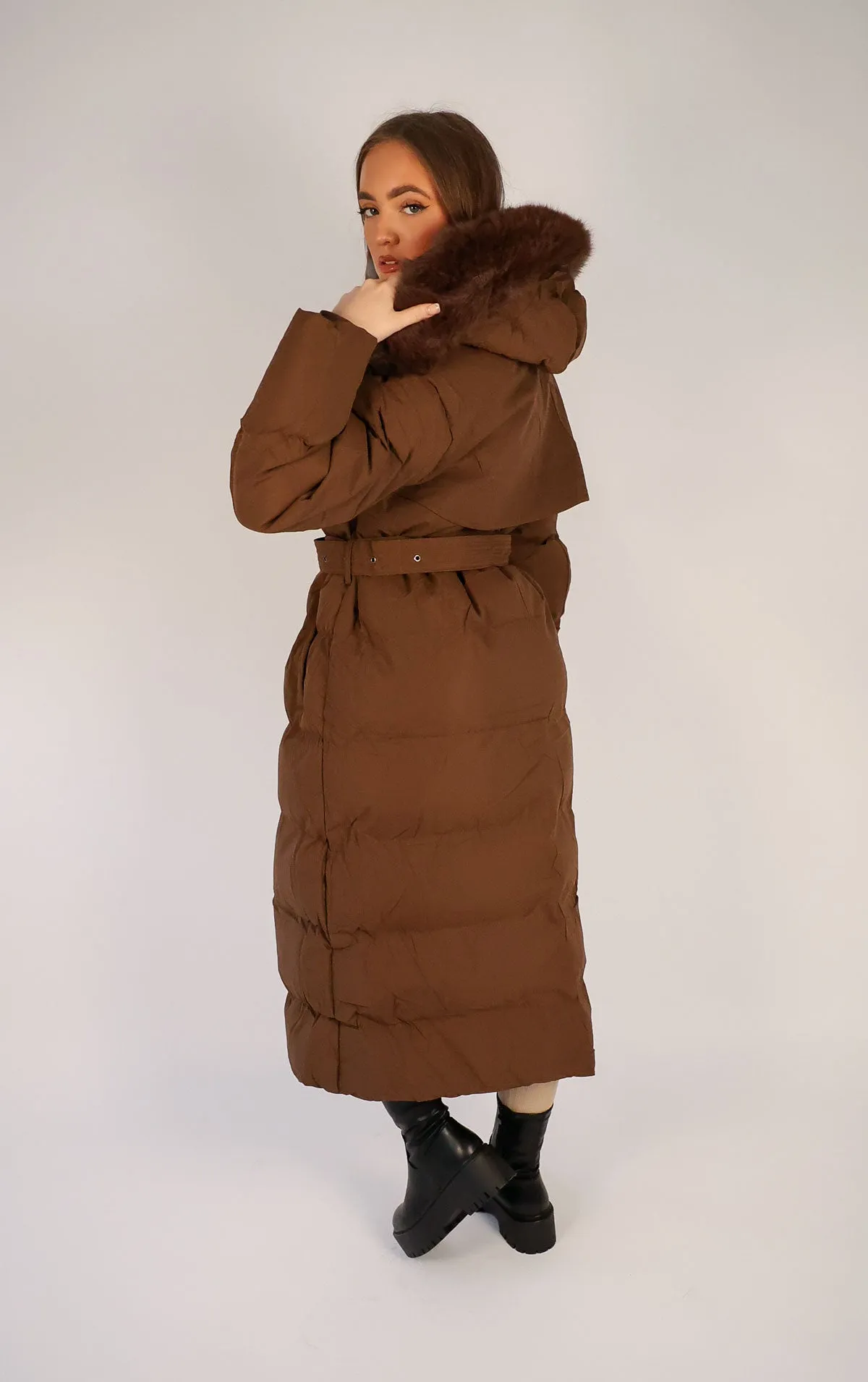 Brown Long Puffer Duvet Coat With Belt and Fur Hood