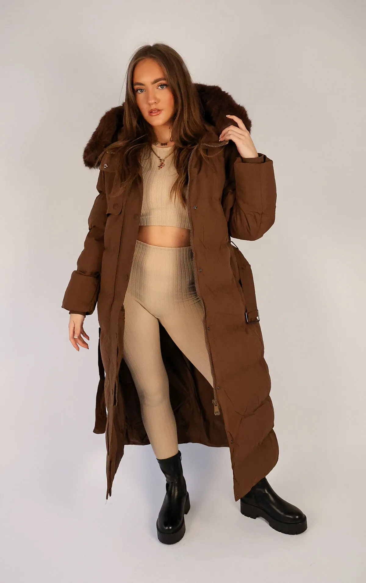 Brown Long Puffer Duvet Coat With Belt and Fur Hood