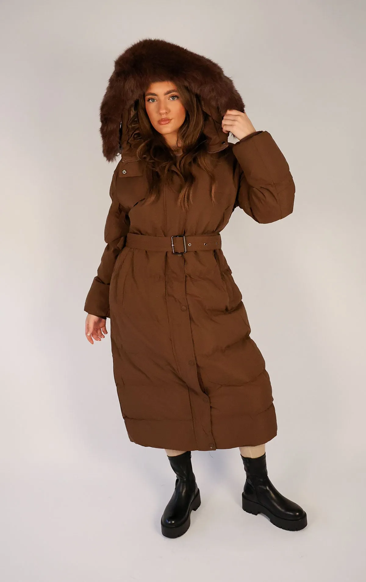 Brown Long Puffer Duvet Coat With Belt and Fur Hood