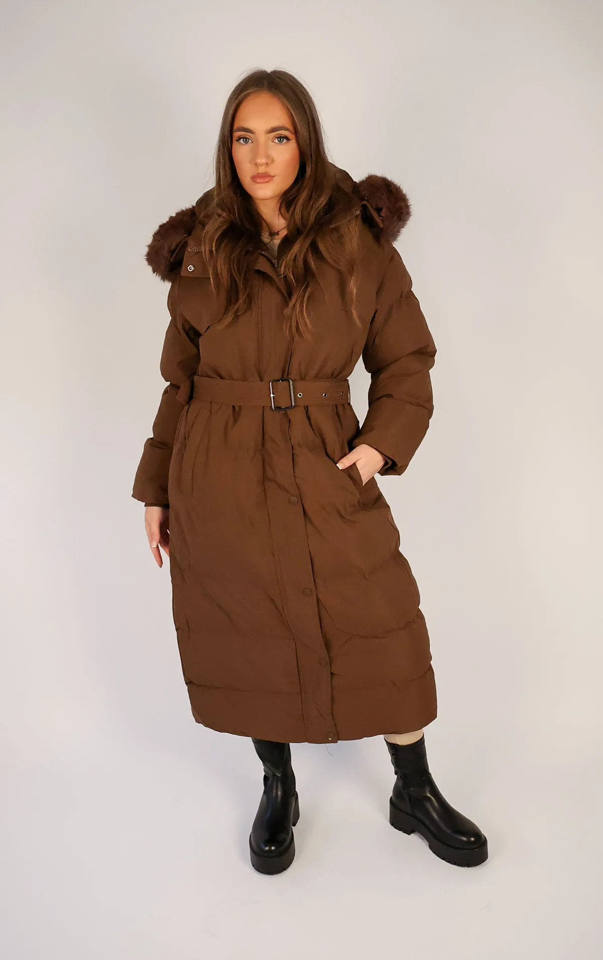 Brown Long Puffer Duvet Coat With Belt and Fur Hood