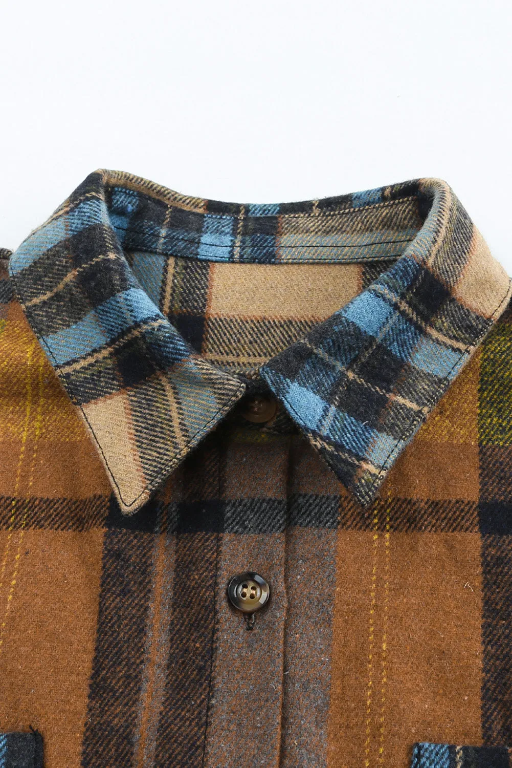 Brown Plaid Color Block Buttoned Shirt with Pockets