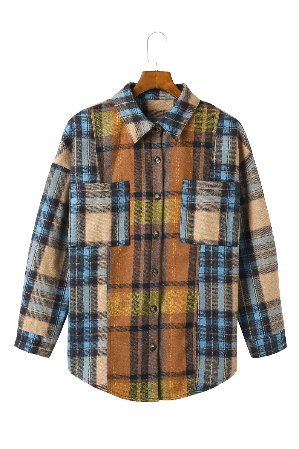 Brown Plaid Color Block Buttoned Shirt with Pockets