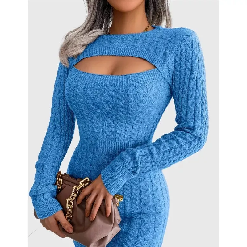 Cable Mini Sweater Dress Bodycon Fit Cutout Bust Sexy Blue Dresses