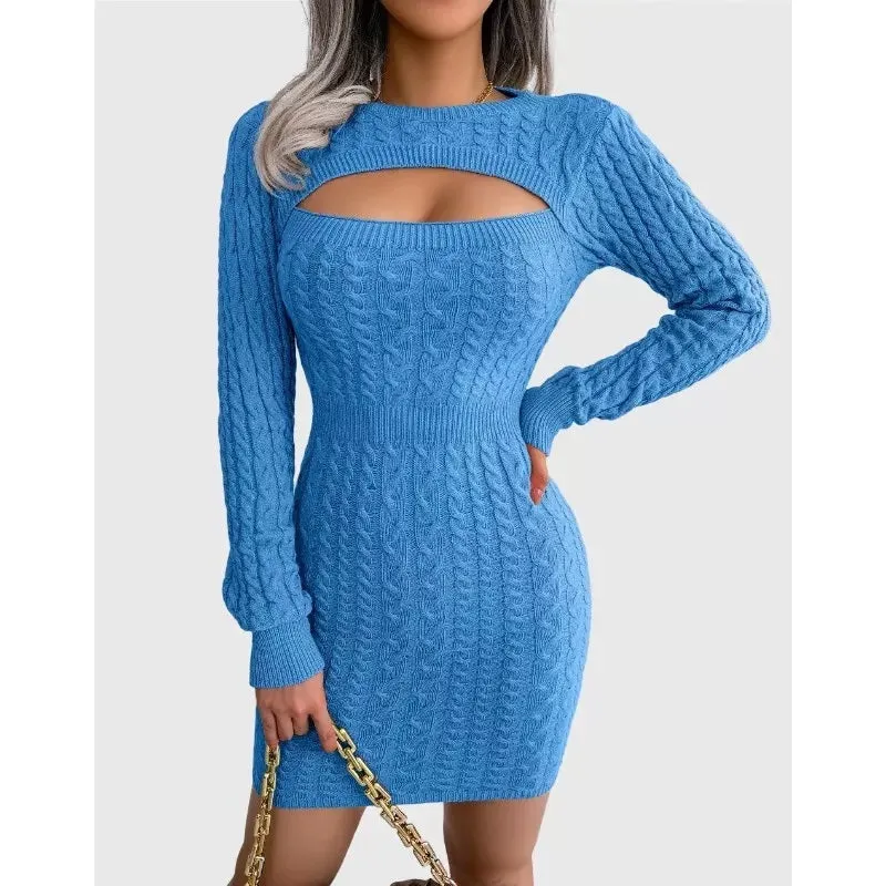 Cable Mini Sweater Dress Bodycon Fit Cutout Bust Sexy Blue Dresses