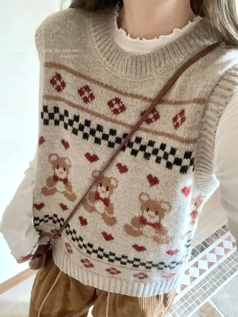 Christmas Bear Wool Blended Knitting Vest