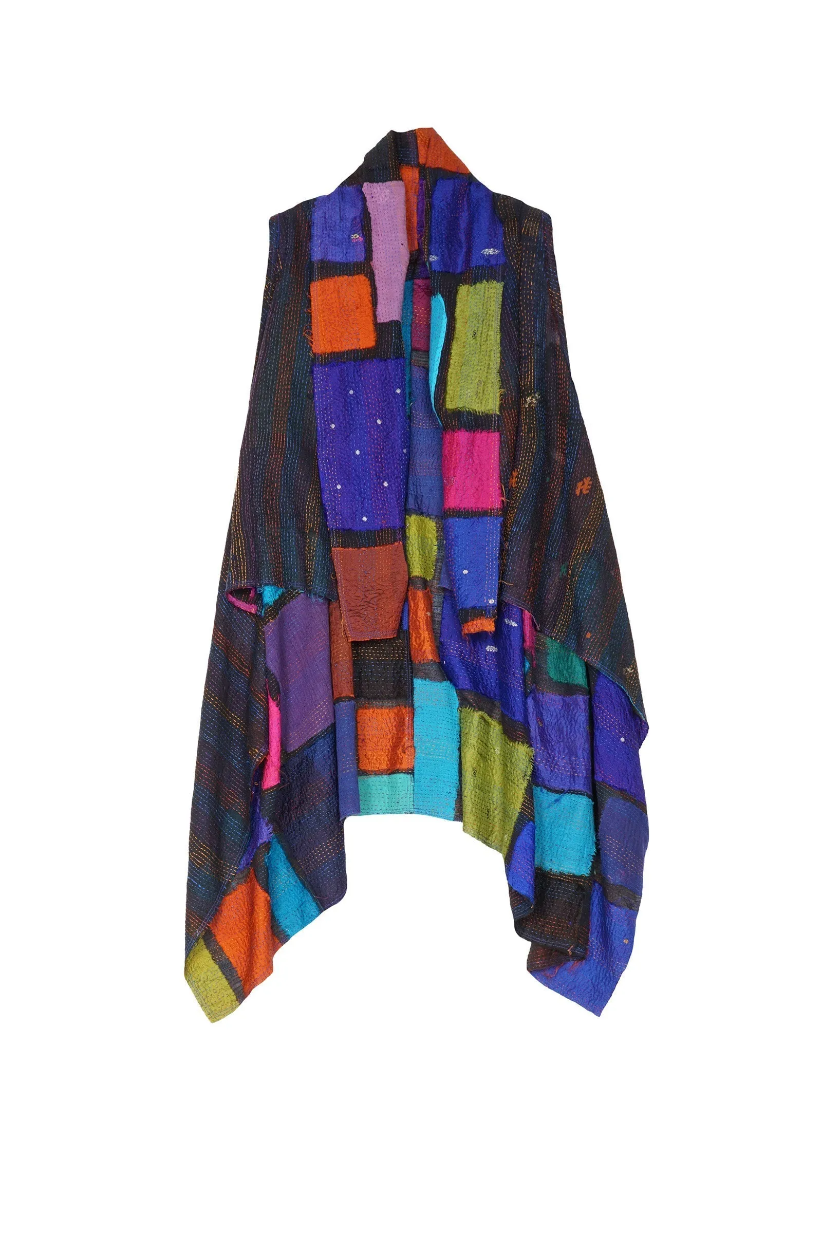 COLOR BLOCK PATCH KANTHA SHAWL VEST - cb2219-mlt -