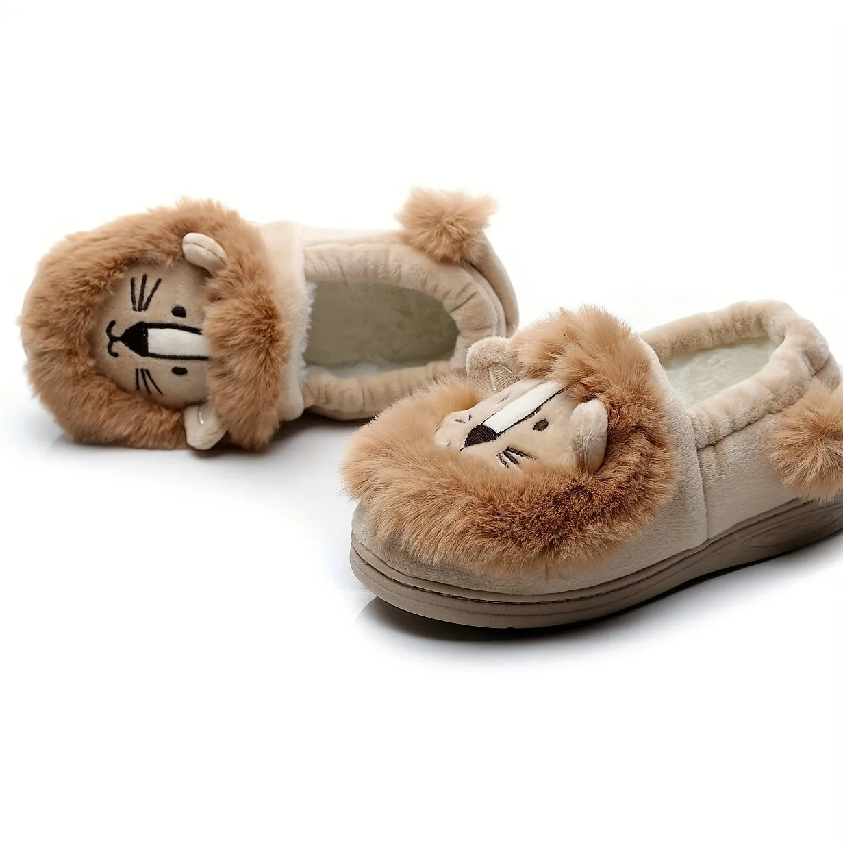 Cute Cartoon Lion Design Slip On Home Shoes For Boys Girls, Warm Plus Fleece Indoor Shoes For Autumn And Winter