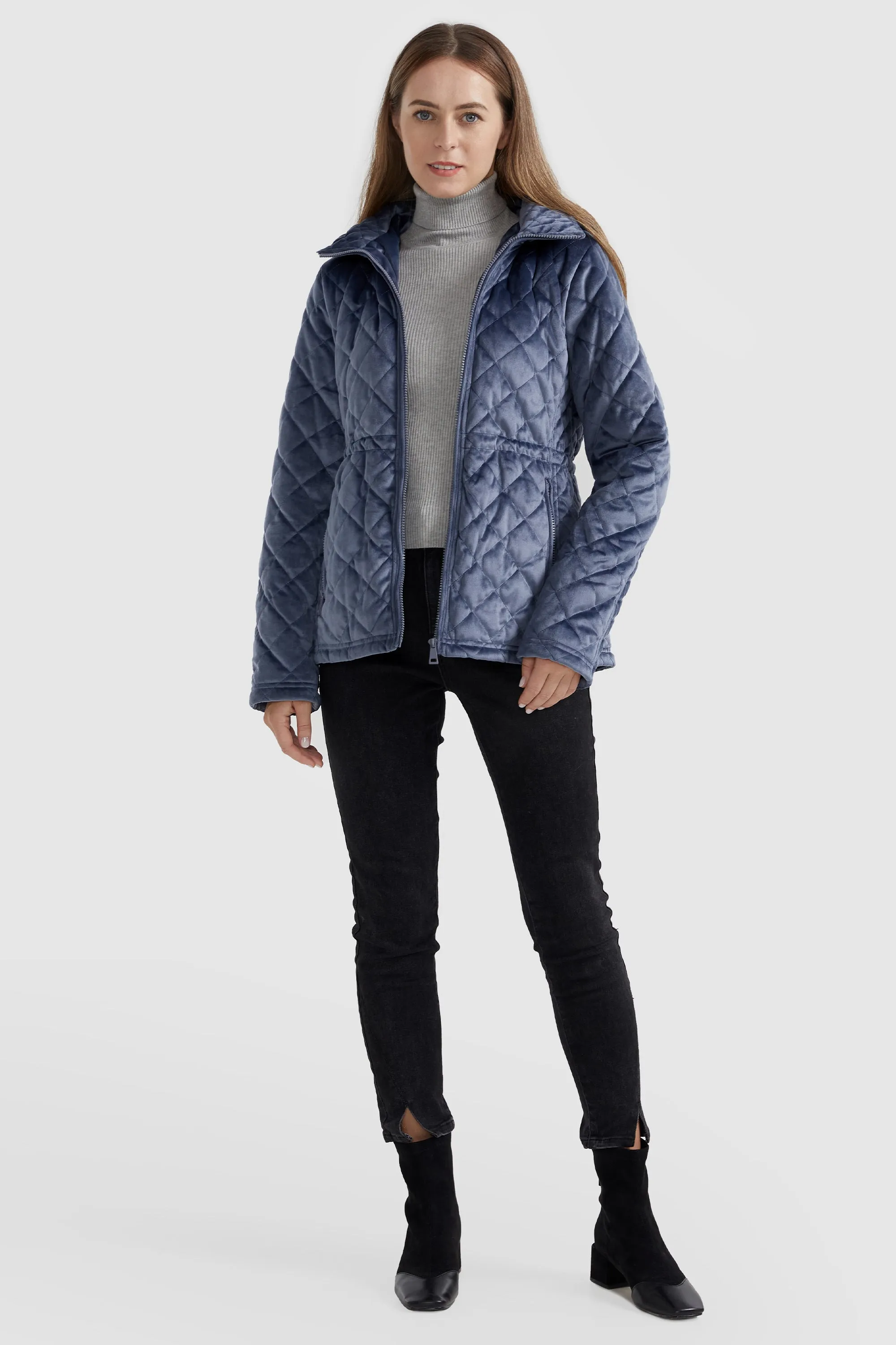 Diamond Quilted Drawstring Waist Winter Coat