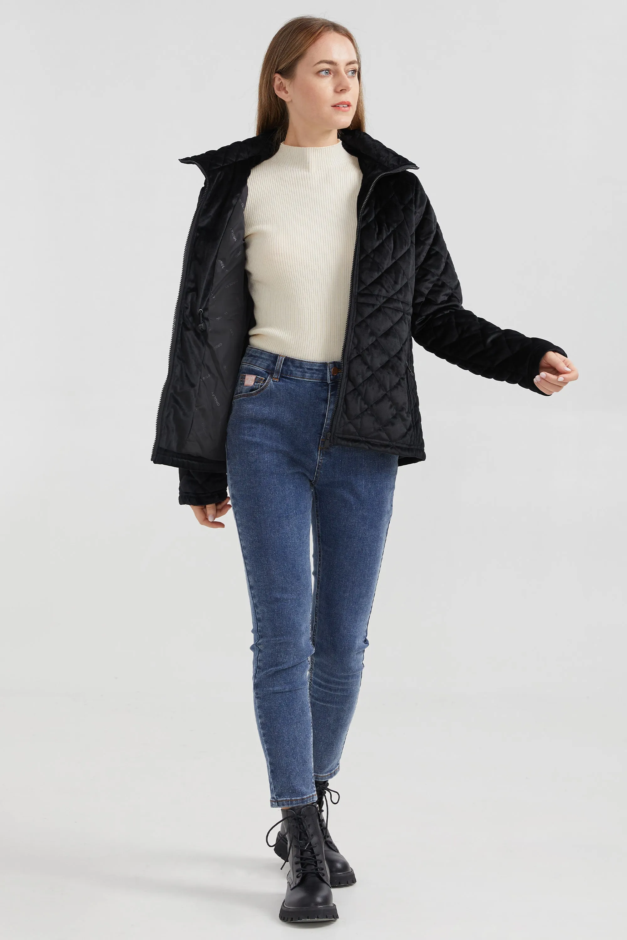 Diamond Quilted Drawstring Waist Winter Coat